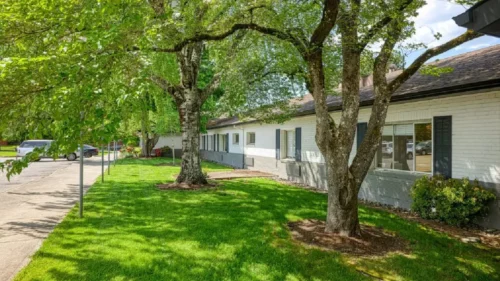 A view of a white brick building with trees and a sidewalk in the foreground, and a parking lot visible in the distance